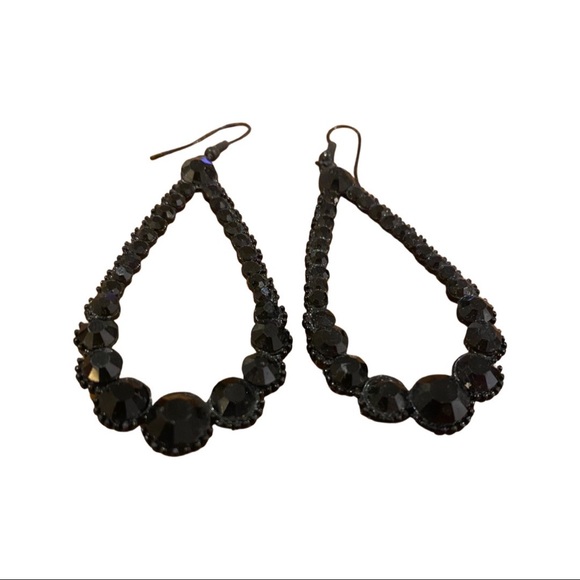 Vintage Costume Jewellery Black Rhinestone Teardrop Dangle Earrings - Picture 11 of 11